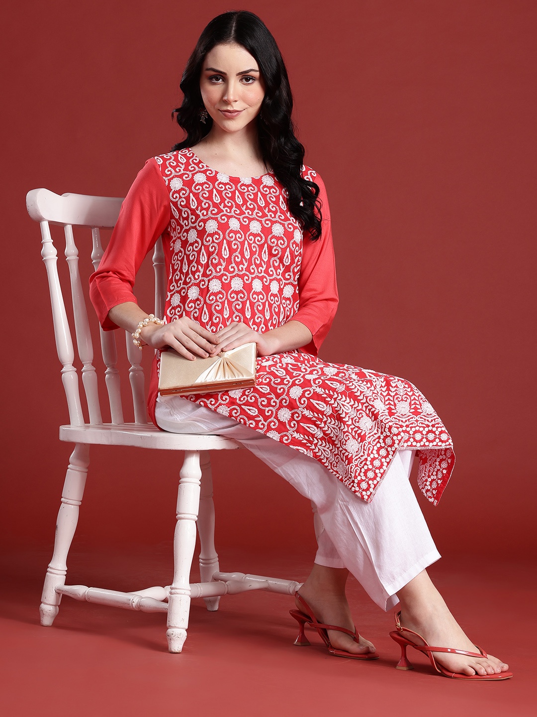 

Anouk Ethnic Motif Embroidered Thread Work Straight Kurta, Red