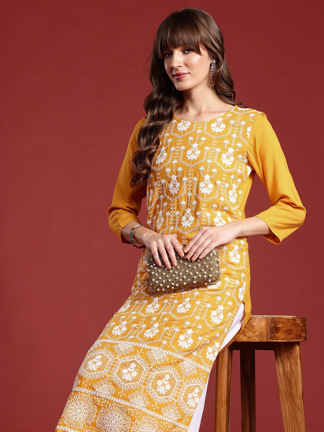 

Anouk Women Ethnic Motifs Embroidered Thread Work Kurta, Mustard