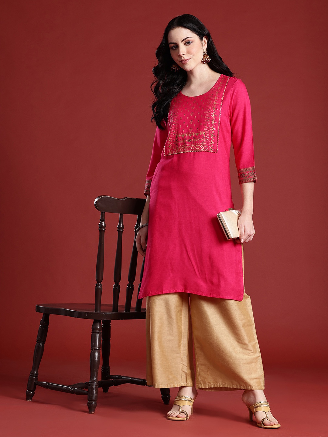 

Anouk Ethnic Motifs Print Gotta Patti Kurta, Fuchsia