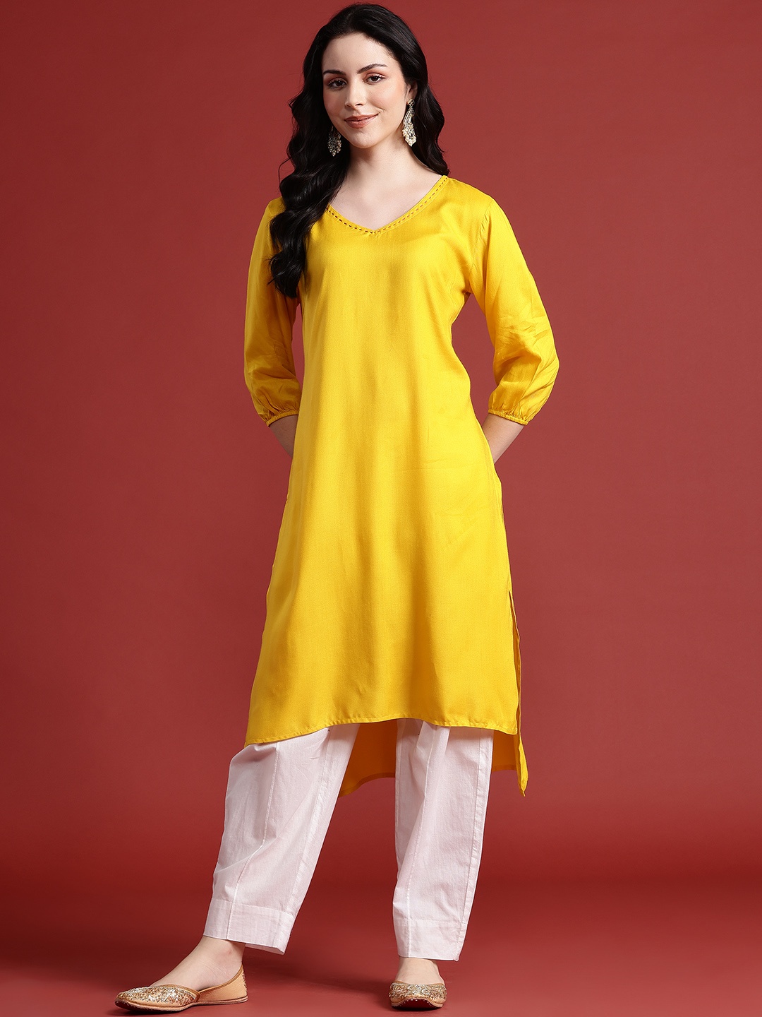 

Anouk V-Neck Solid High-Low Kurta, Yellow
