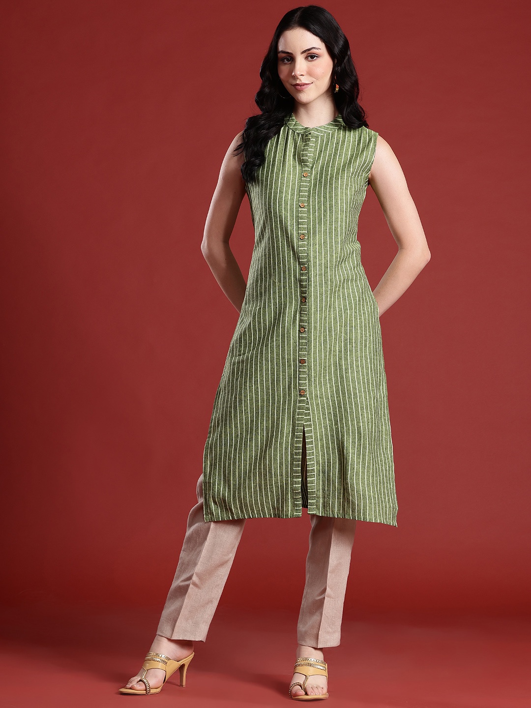 

Anouk Striped Straight Kurta, Green