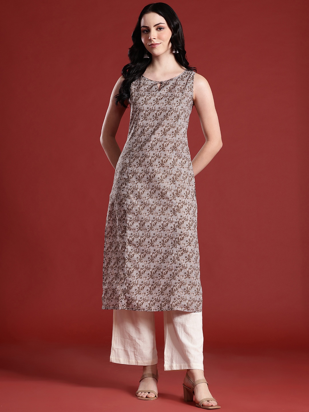 

Anouk Floral Printed Keyhole Neck Floral Kurta, Taupe