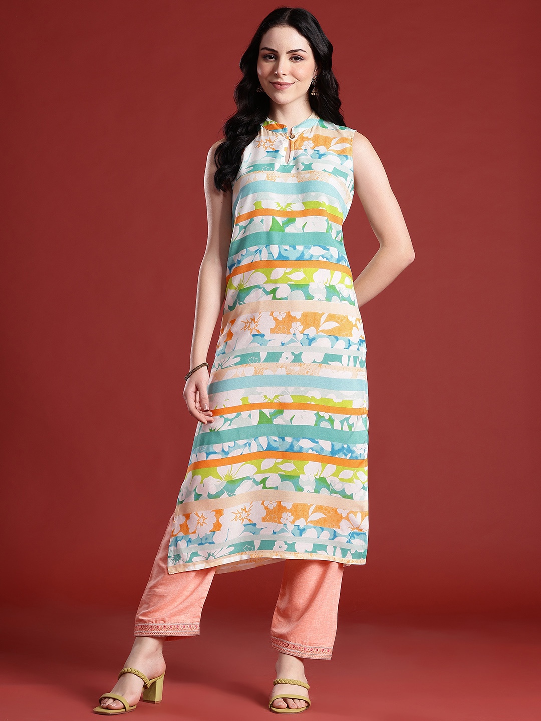 

Anouk Women Striped Floral Kurta, Green