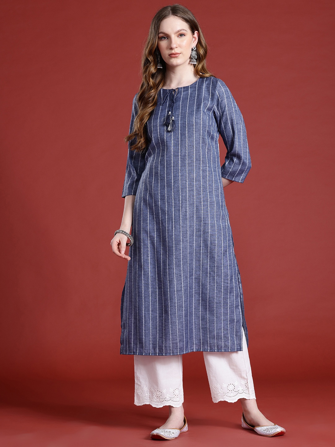 

Anouk Self-Striped Tie-Up Neck Straight Kurta, Blue