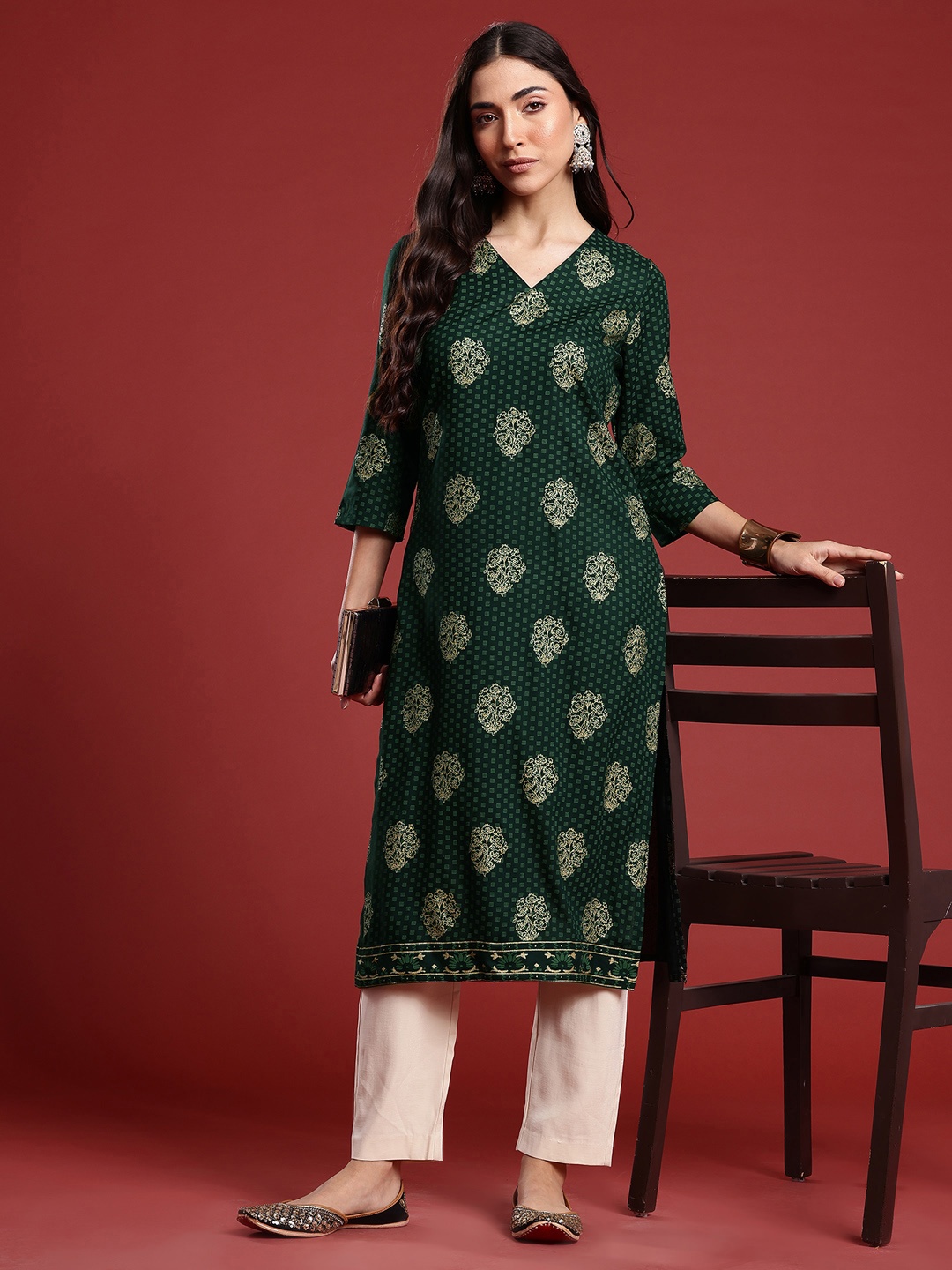 

Anouk Ethnic Motifs Printed Straight Kurta, Green