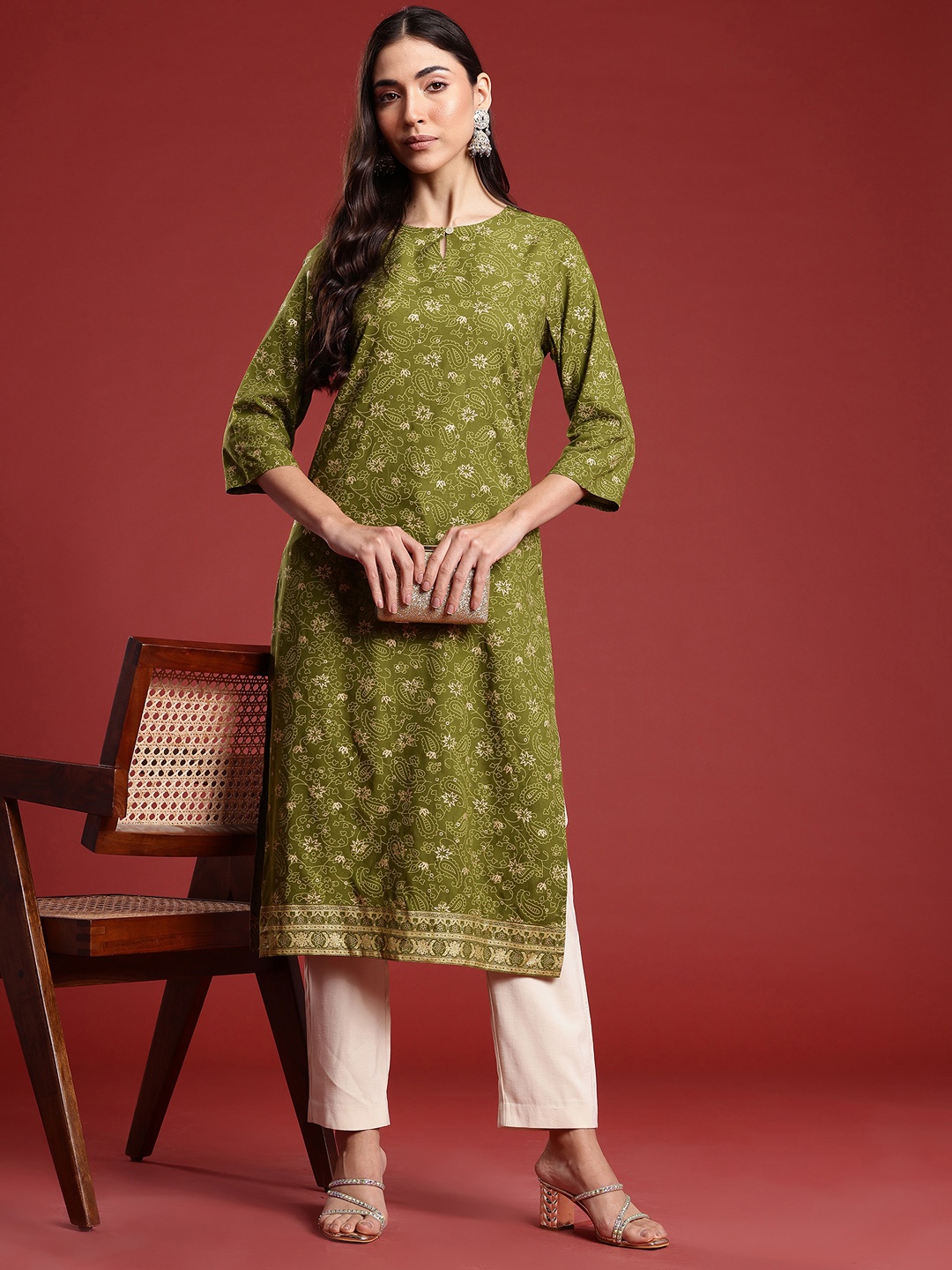 

Anouk Ethnic Motifs Printed Pure Cotton Straight Kurta, Green