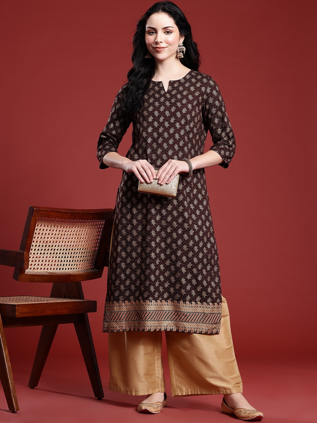 

Anouk Cotton Floral Print Straight Kurta, Brown