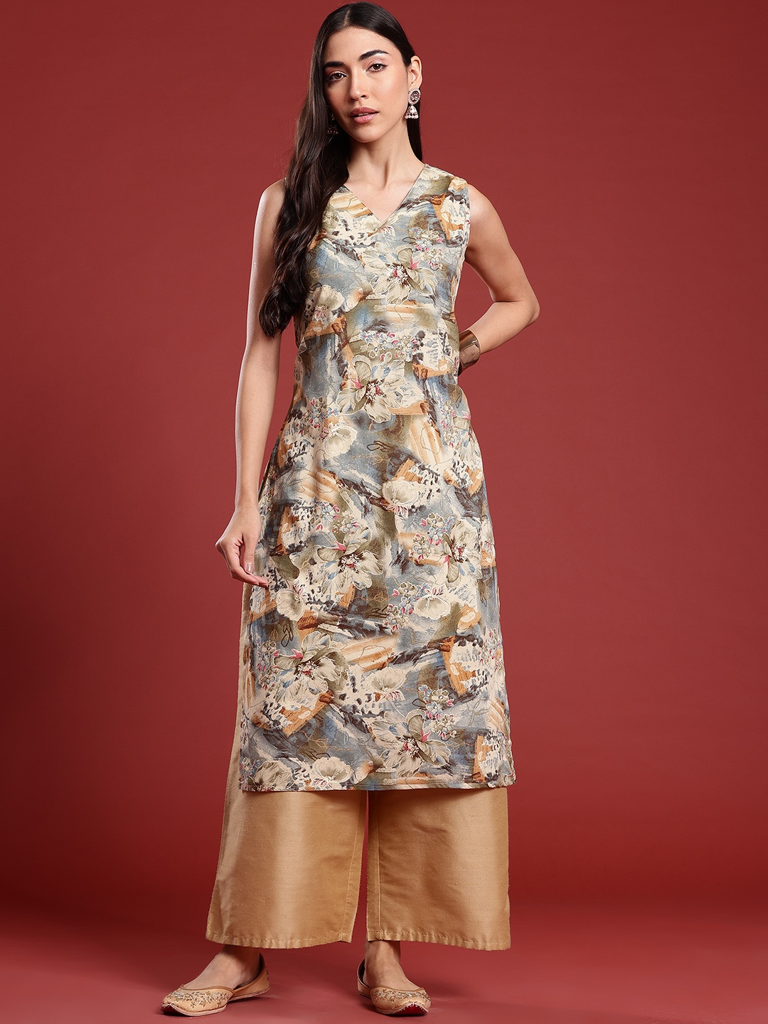 

Anouk Floral Print Straight Kurta, Beige