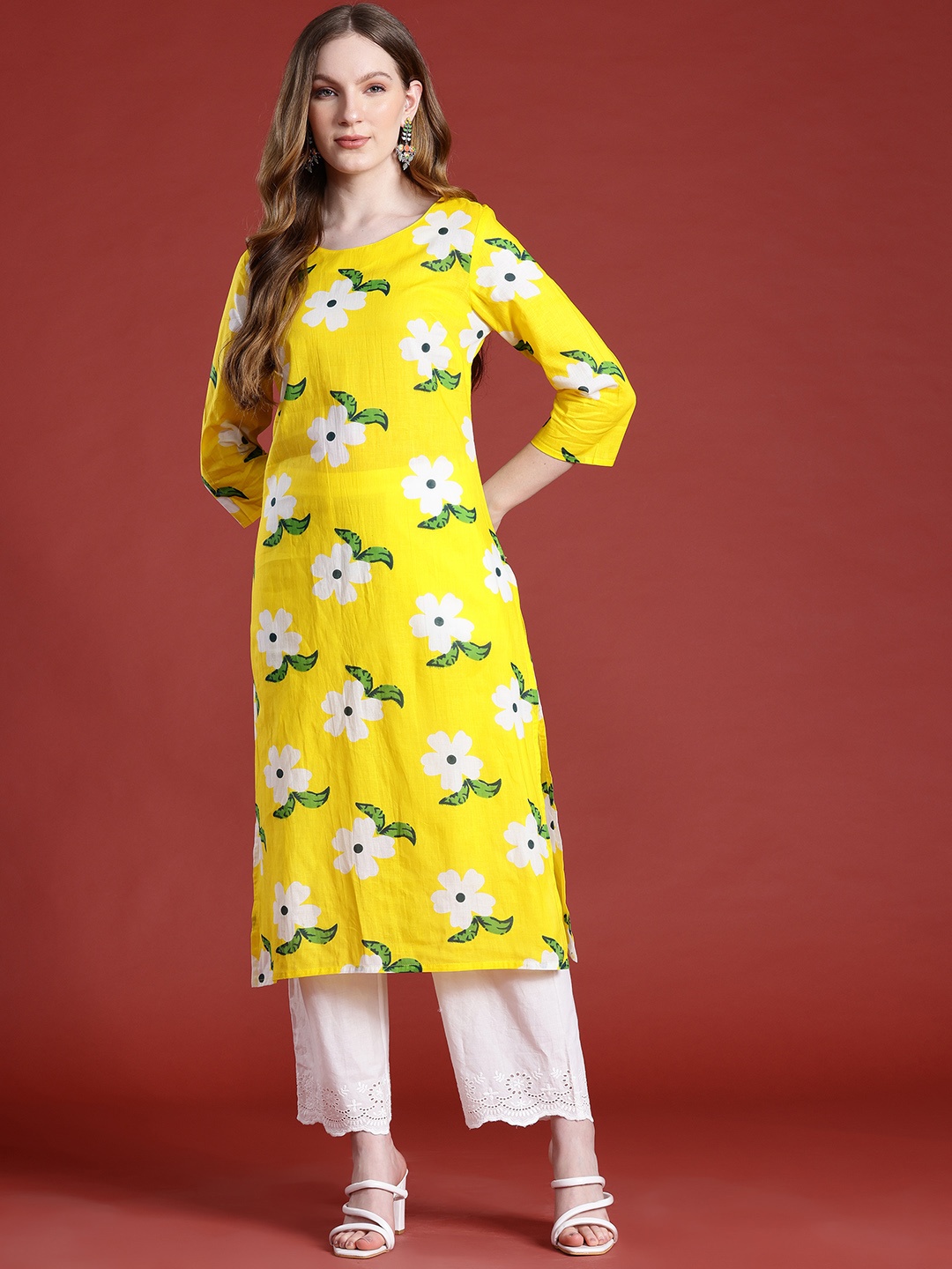 

Anouk Floral Printed Pure Cotton Straight Kurta, Yellow