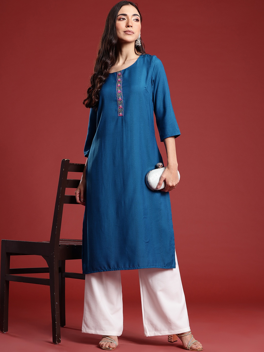 

Anouk Woven Design Thread Work Straight Kurta, Blue