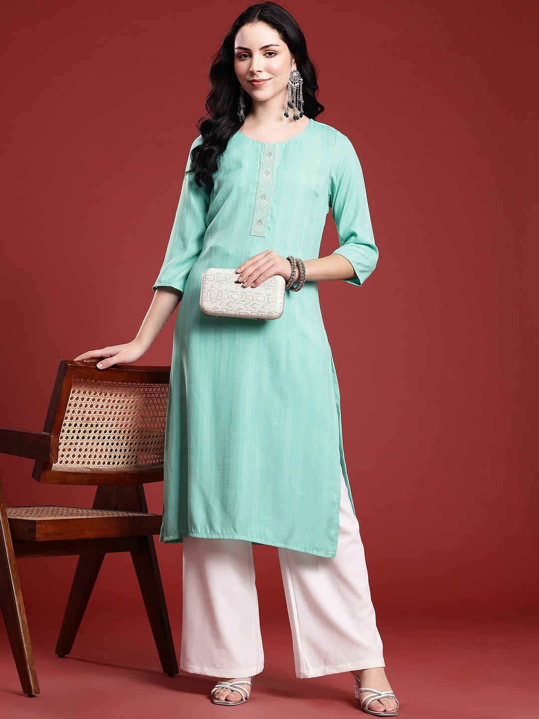 

Anouk Woven Design Thread Work Straight Kurta, Sea green