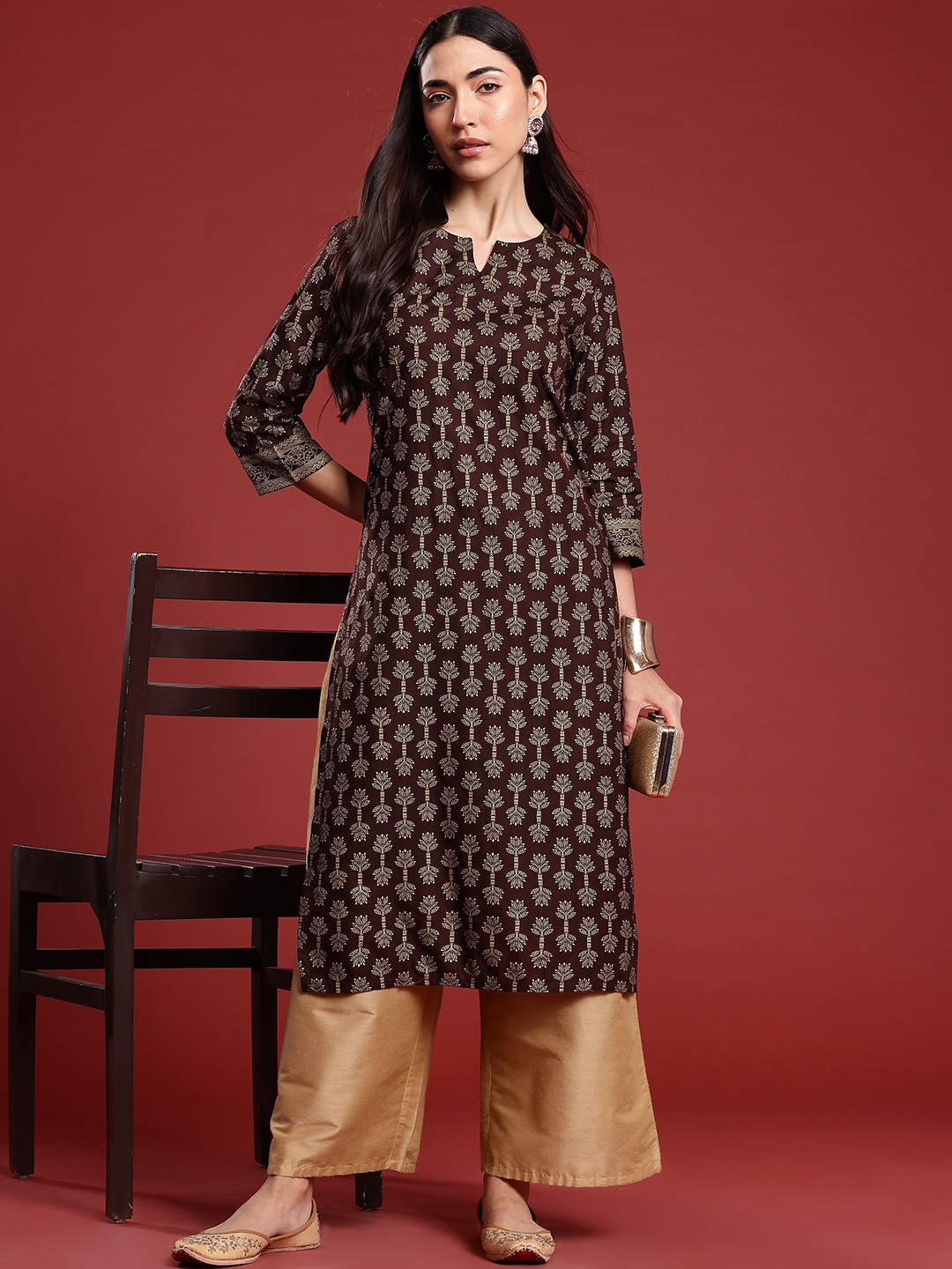 

Anouk Cotton Ethnic Motifs Print Straight Kurta, Brown