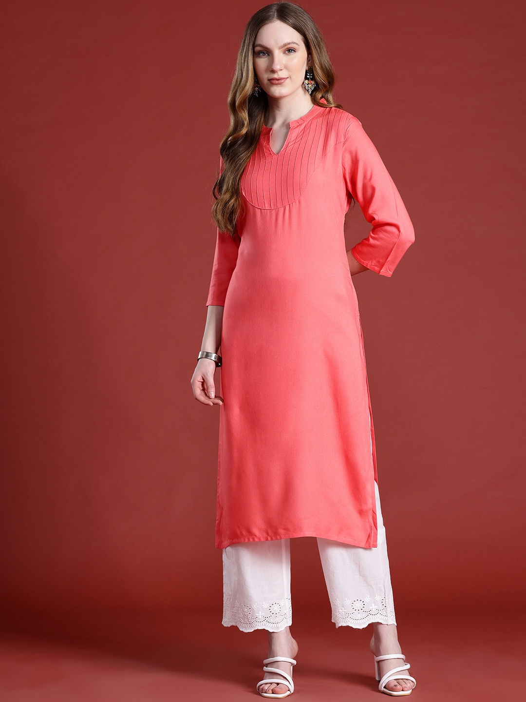 

Anouk Self-Striped Band Collar Calf Length Straight Kurta, Peach