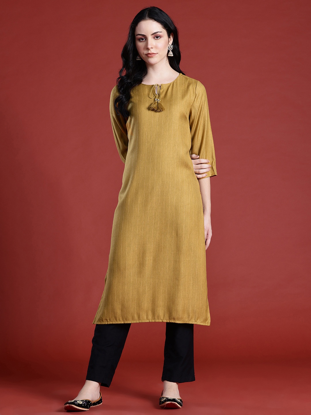 

Anouk Tie-Up Neck Striped Kurta, Mustard