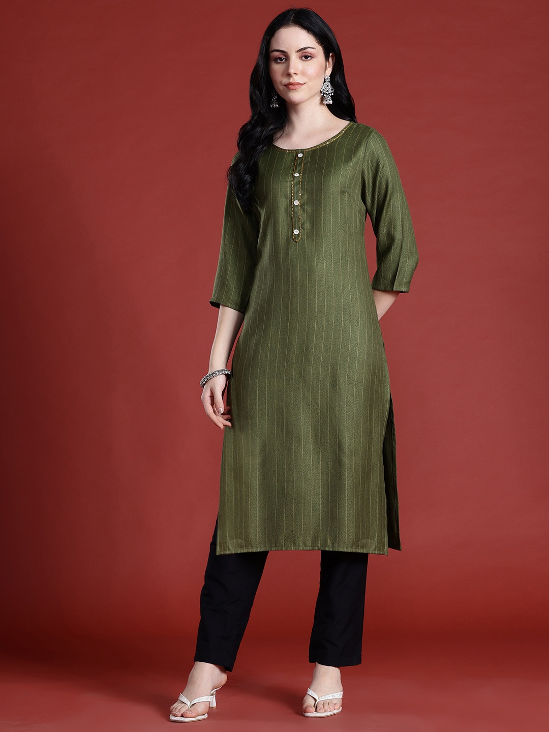 

Anouk Striped Sequined Straight Kurta, Green
