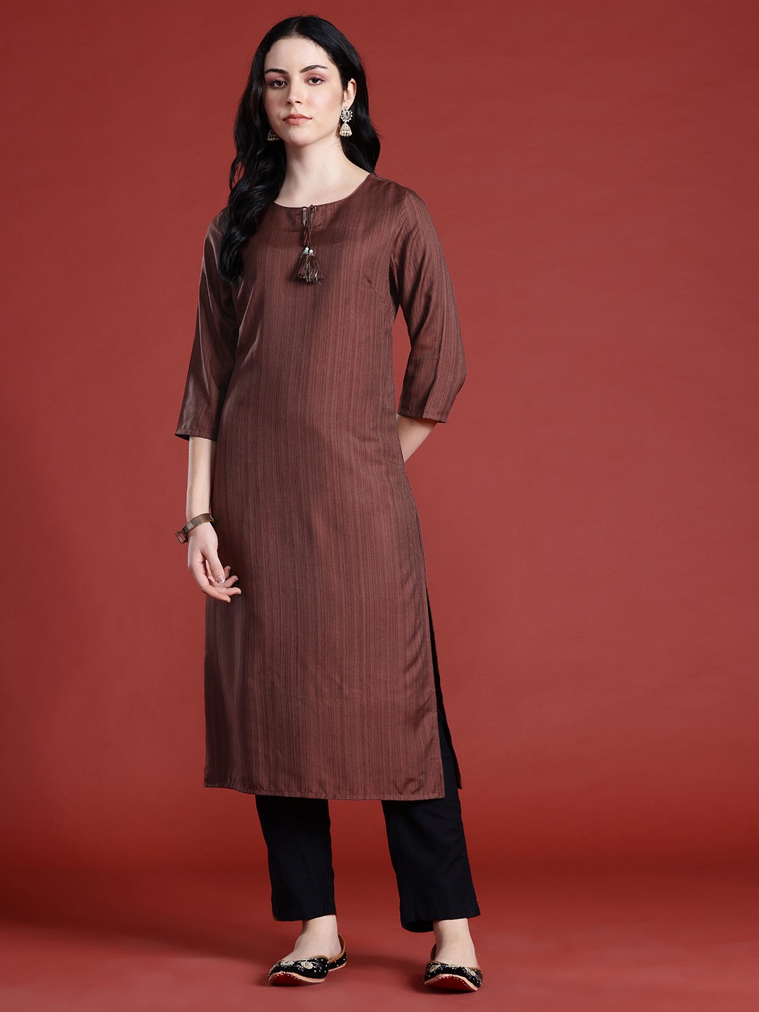 

Anouk Tie-Up Neck Striped Kurta, Brown