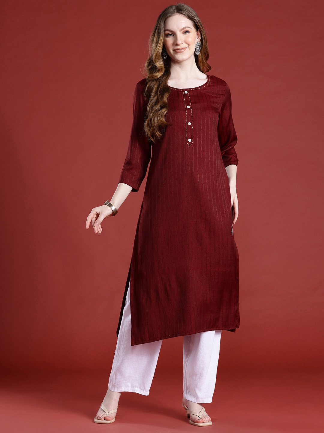 

Anouk Sequins & Thread Work Straight Kurta, Maroon