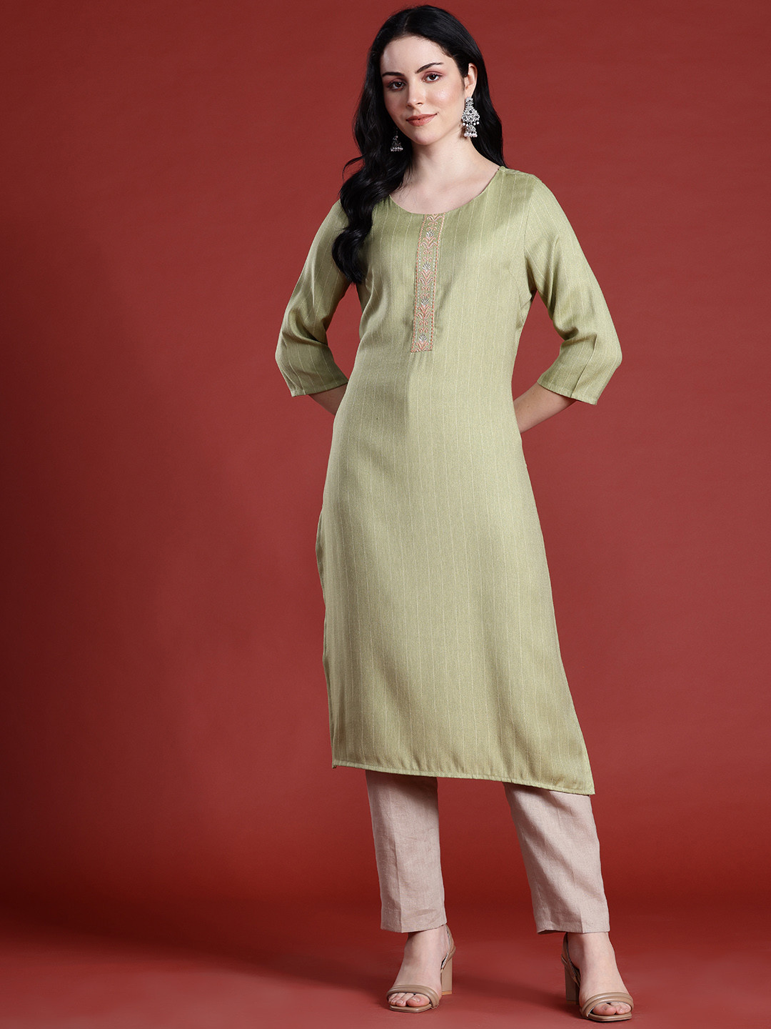 

Anouk Striped A-Line Kurta, Green