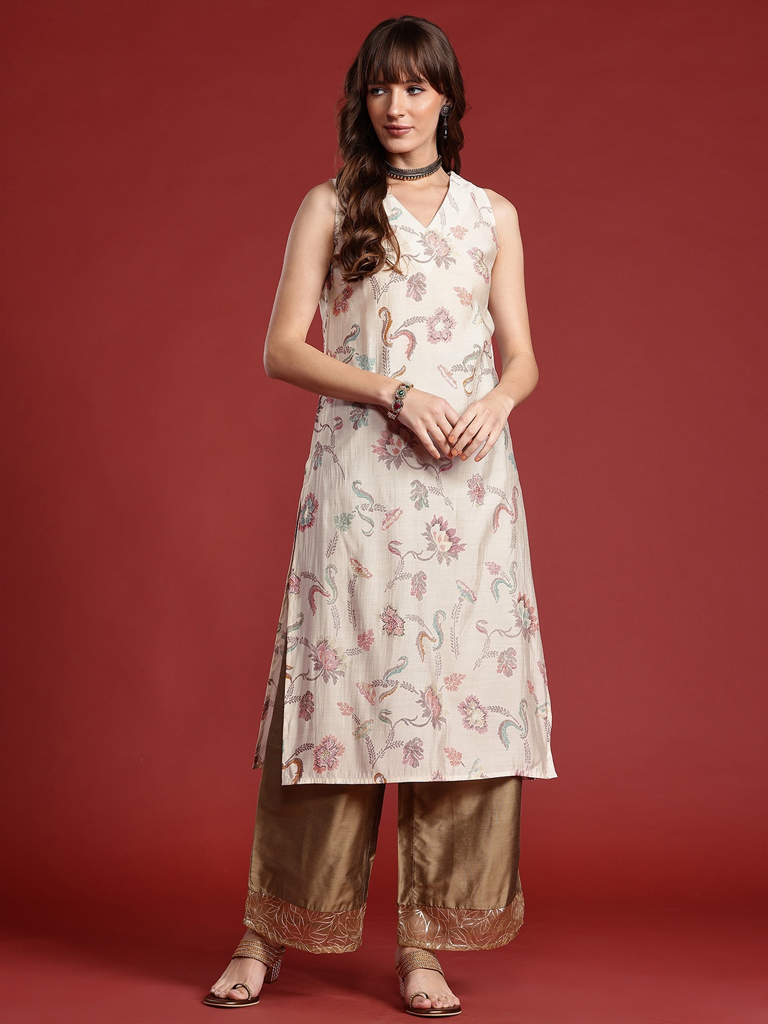 

Anouk Floral Printed V-Neck Straight Kurta, Cream