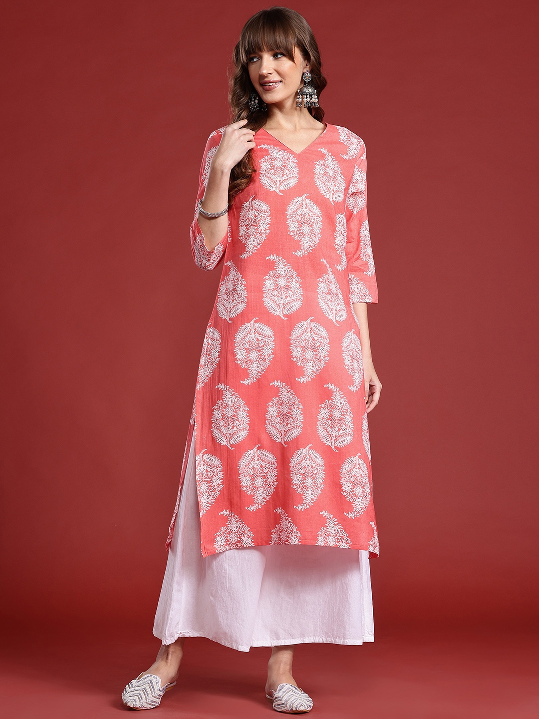 

Anouk Ethnic Motifs Print Pure Cotton Straight Kurta, Peach