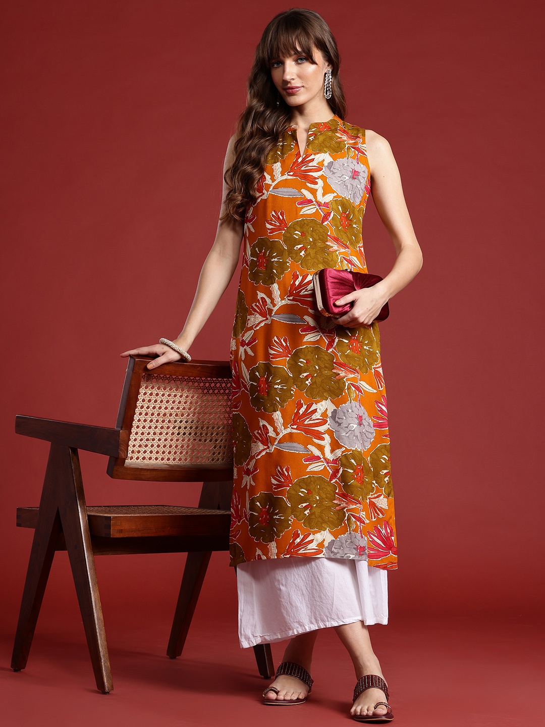 

Anouk Floral Printed A-Line Kurta, Orange