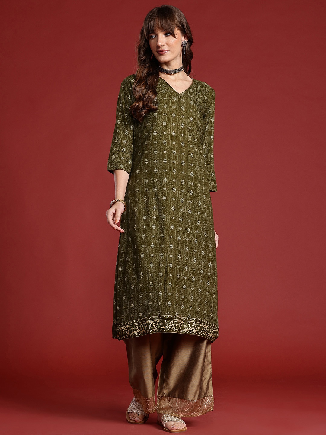 

Anouk Geometric Printed Straight Kurta, Olive