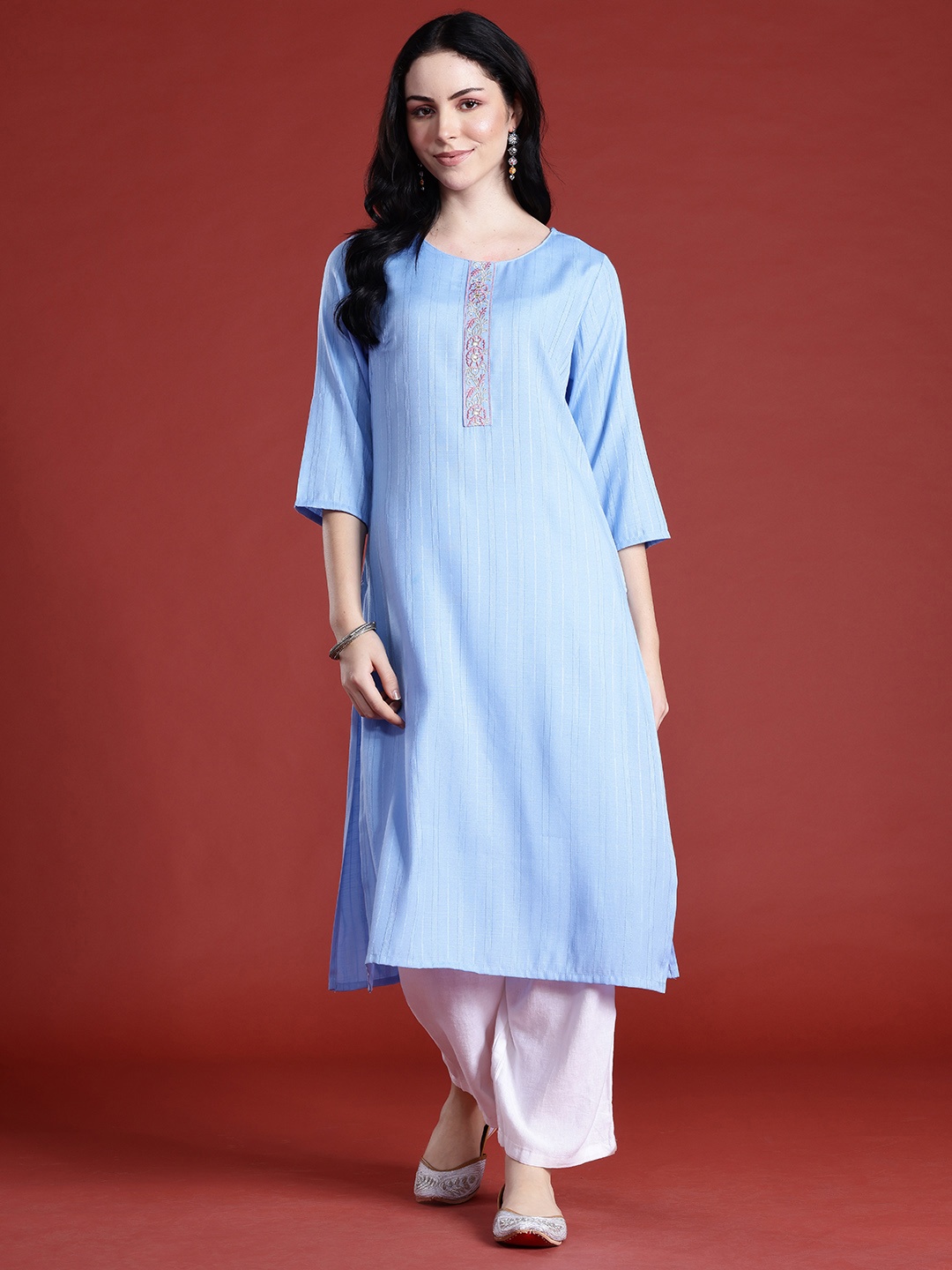 

Anouk Striped Thread Work Kurta, Blue