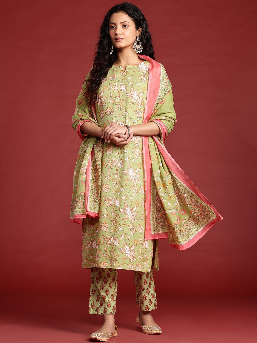 

Anouk Ethnic Motifs Printed Regular Pure Cotton Kurta with Trousers & With Dupatta, Green