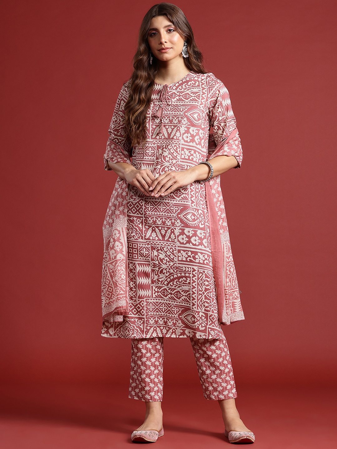 

Anouk Floral Print Pure Cotton Kurta with Trousers & With Dupatta, Brown
