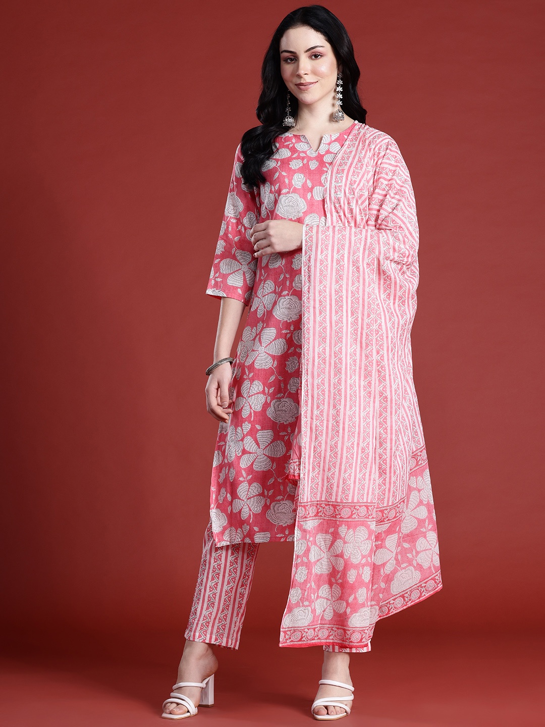 

Anouk Floral Printed Panelled Pure Cotton Kurta with Trousers & With Dupatta, Pink