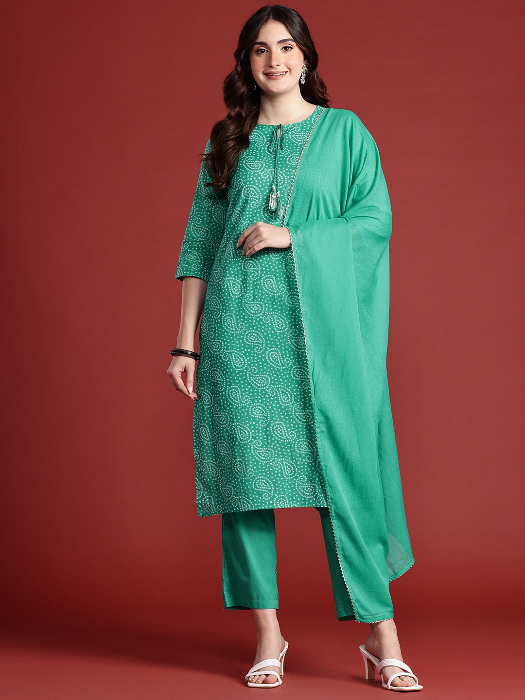 

Anouk Pure Cotton Bandhani Print Kurta & Trouser With Dupatta, Green