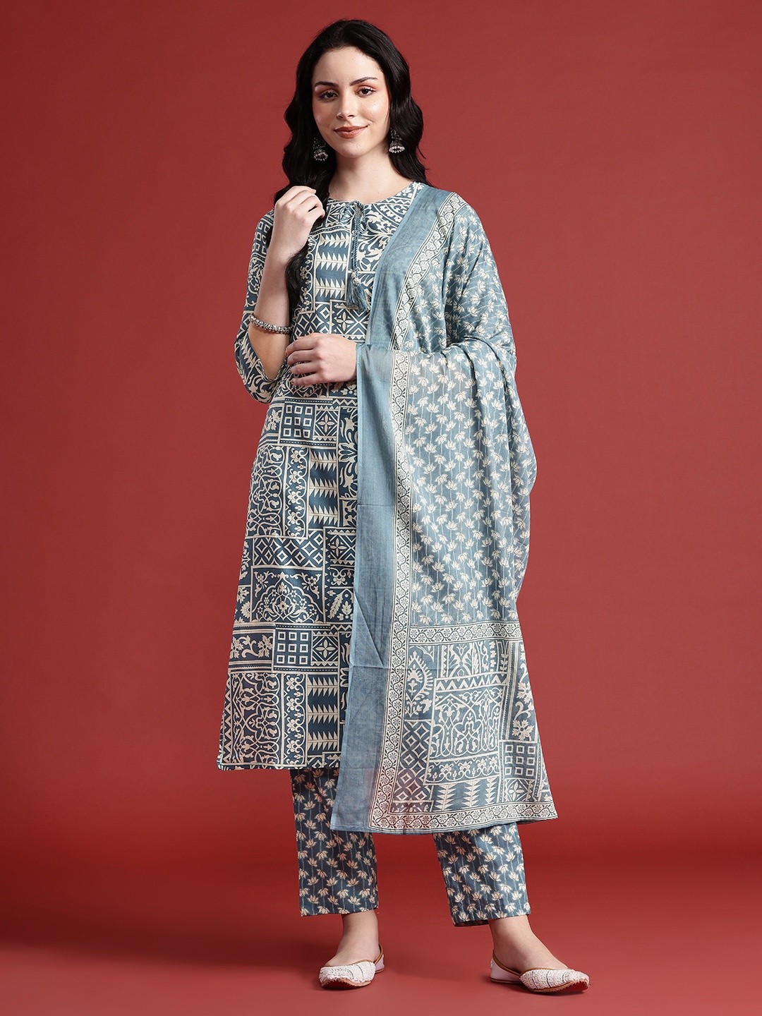 

Anouk Ethnic Motif Print Pure Cotton Kurta with Trousers & Dupatta, Blue