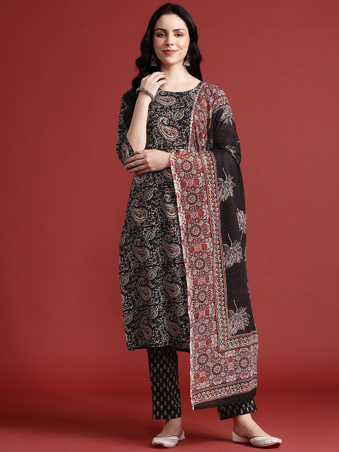 

Anouk Paisley Print Pure Cotton Kurta With Trousers & Dupatta, Black