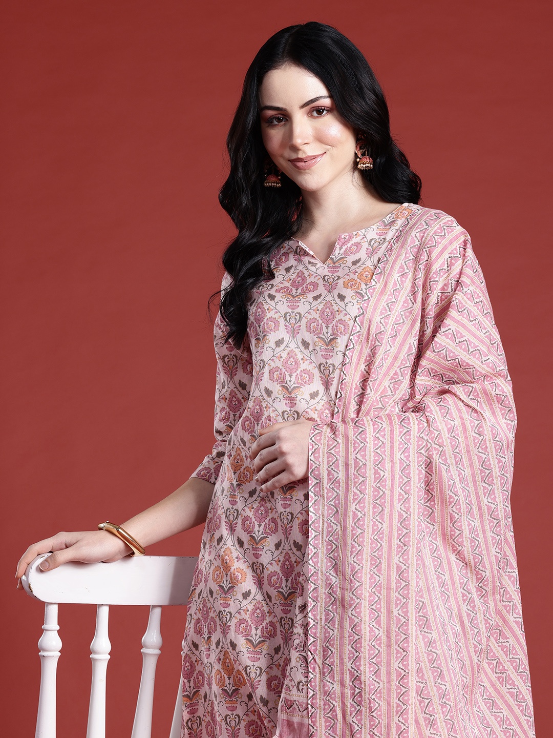 

Anouk Ethnic Motifs Printed Pure Cotton Kurta with Trousers & With Dupatta, Pink