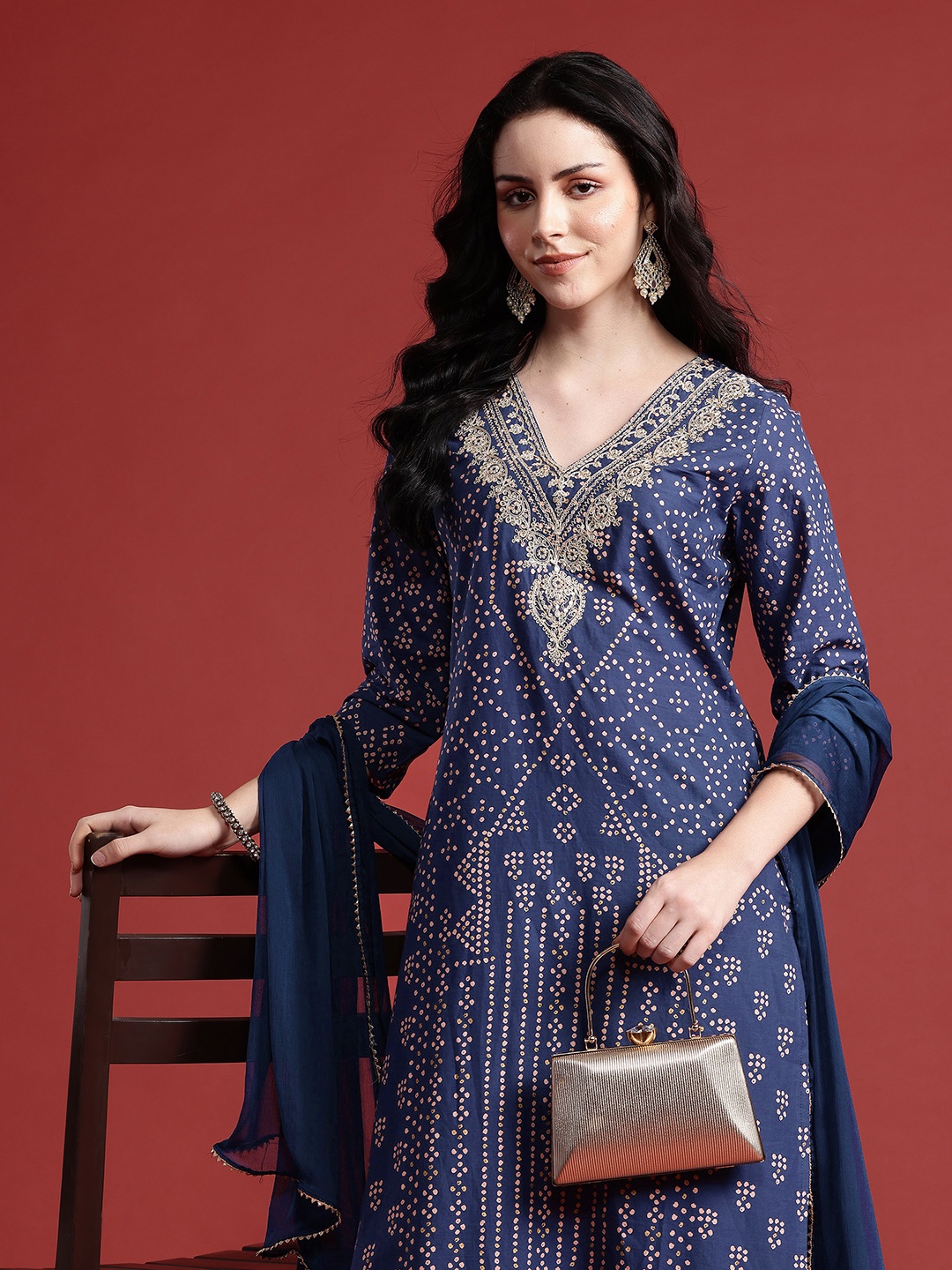 

Anouk Printed Thread Work Pure Cotton Kurta with Trousers & Dupatta, Blue