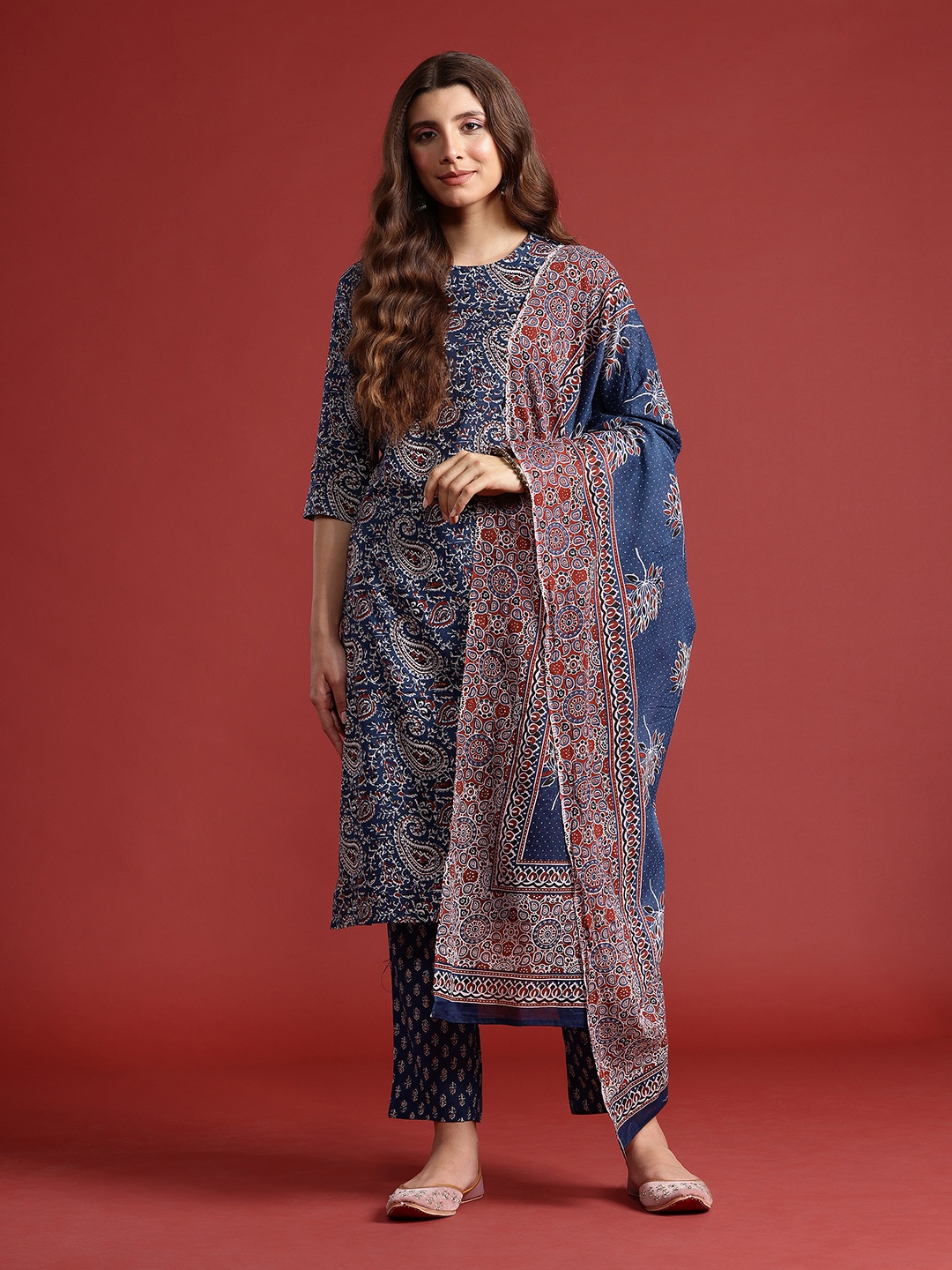

Anouk Printed Pure Cotton Kurta with Trousers & Dupatta, Blue
