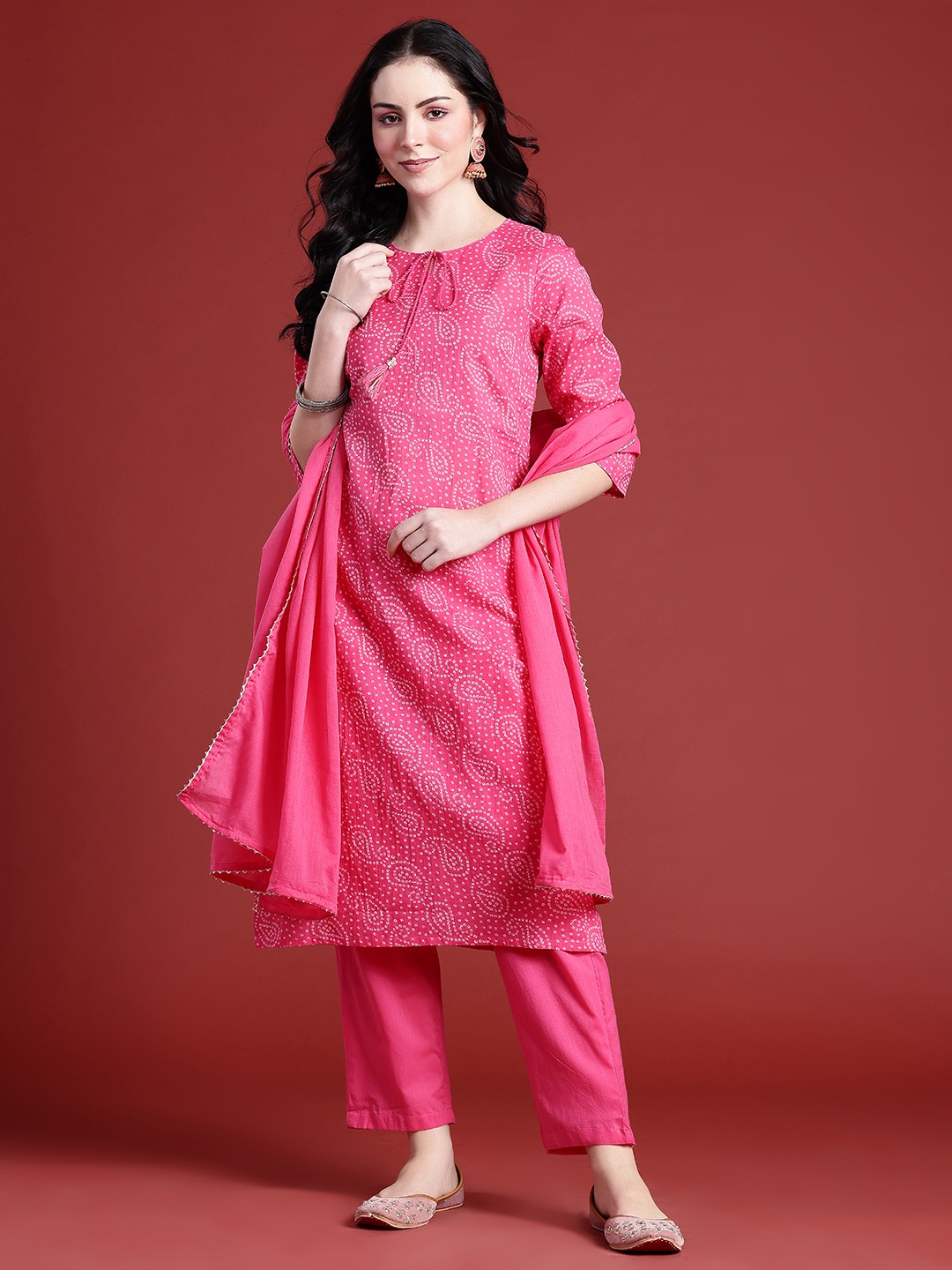 

Anouk Bandhani Printed Pure Cotton Kurta With Trousers & Dupatta, Pink
