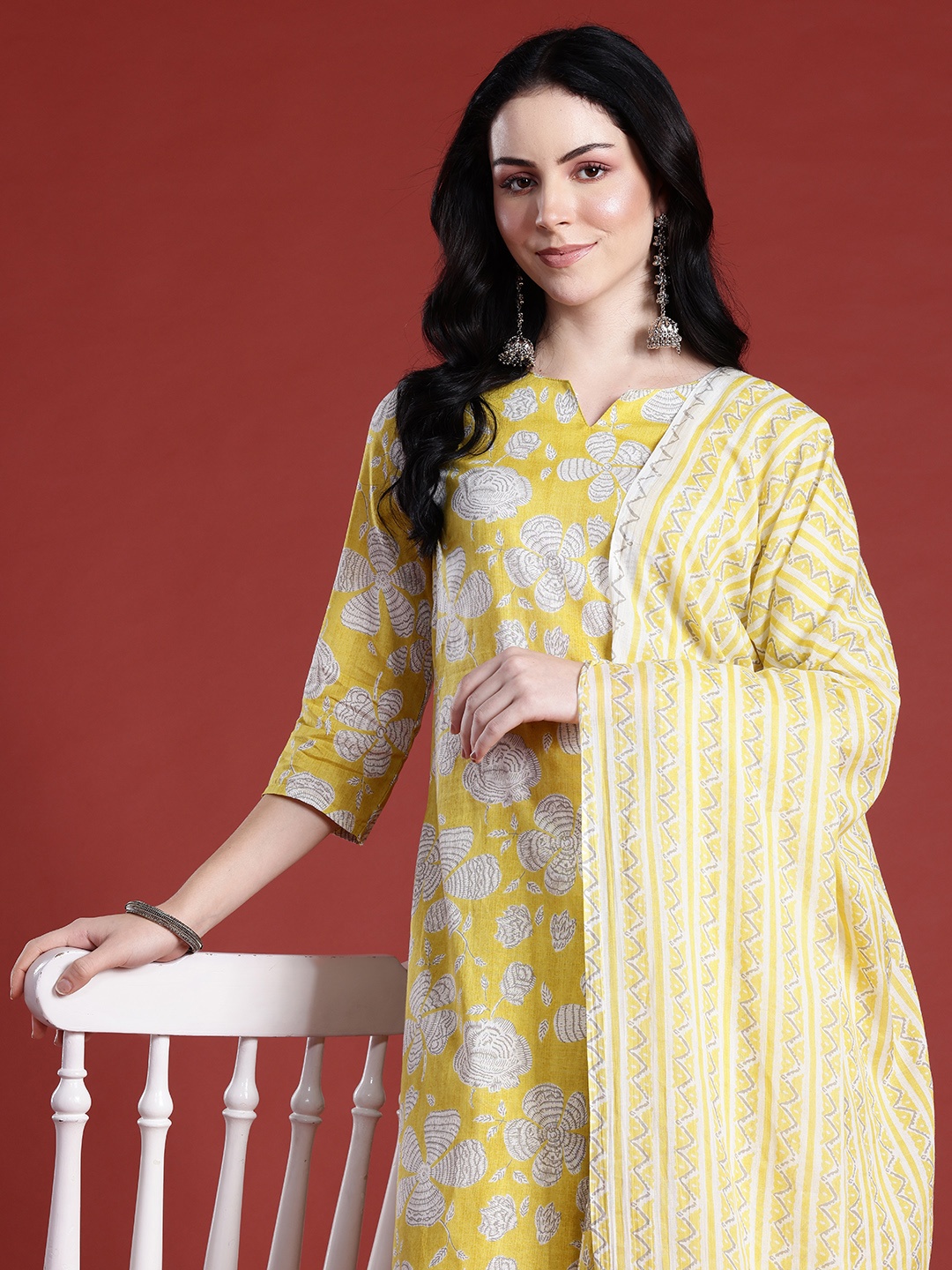 

Anouk Floral Printed Pure Cotton Kurta with Trousers & With Dupatta, Yellow