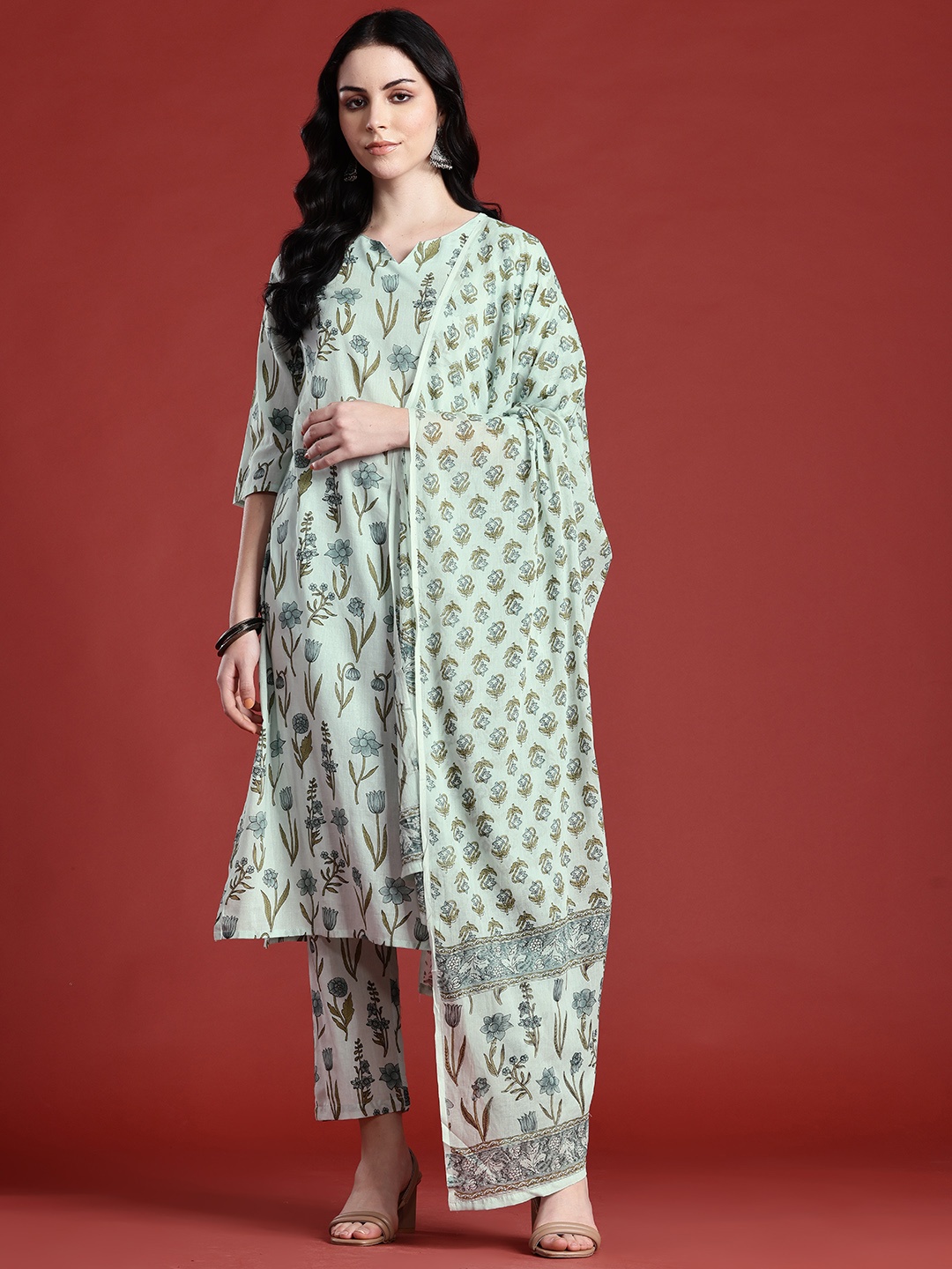 

Anouk Floral Printed Pure Cotton Kurta with Trousers & With Dupatta, Green
