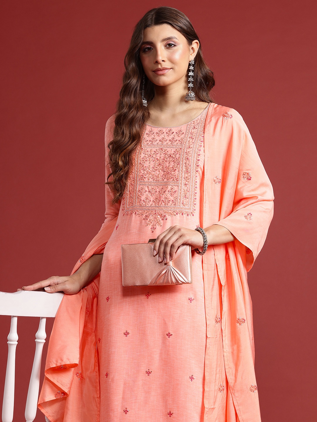 

Anouk Indie Florals Embroidered Kurta with Trousers & Dupatta, Peach