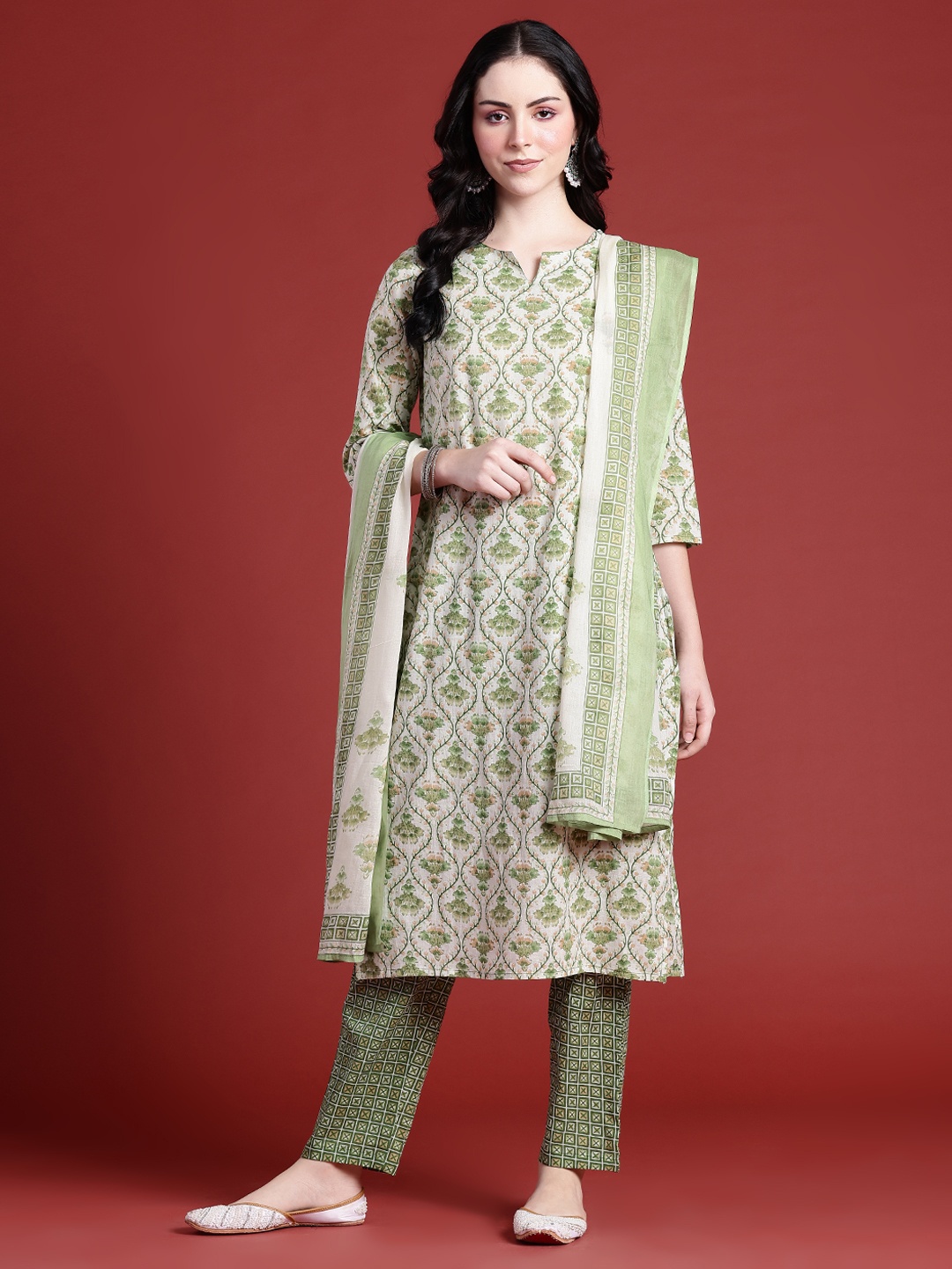 

Anouk Floral Printed Pure Cotton Kurta With Trousers & Dupatta, Green