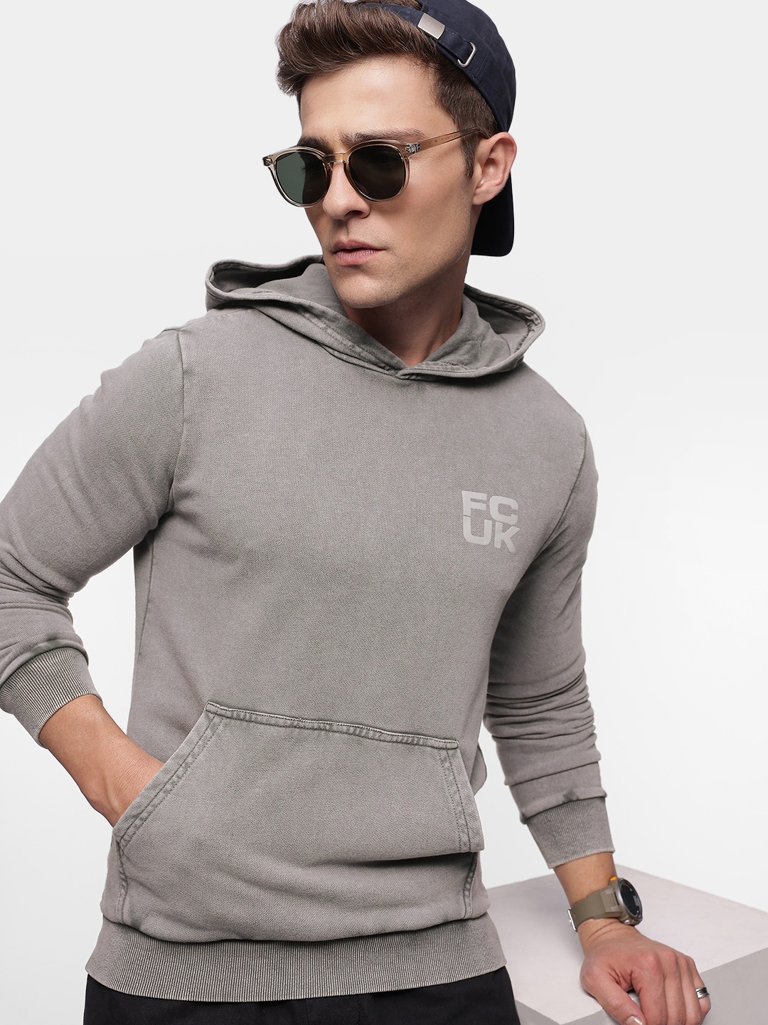 

FCUK Solid Hooded Sweatshirt with Brand Logo Detail, Grey