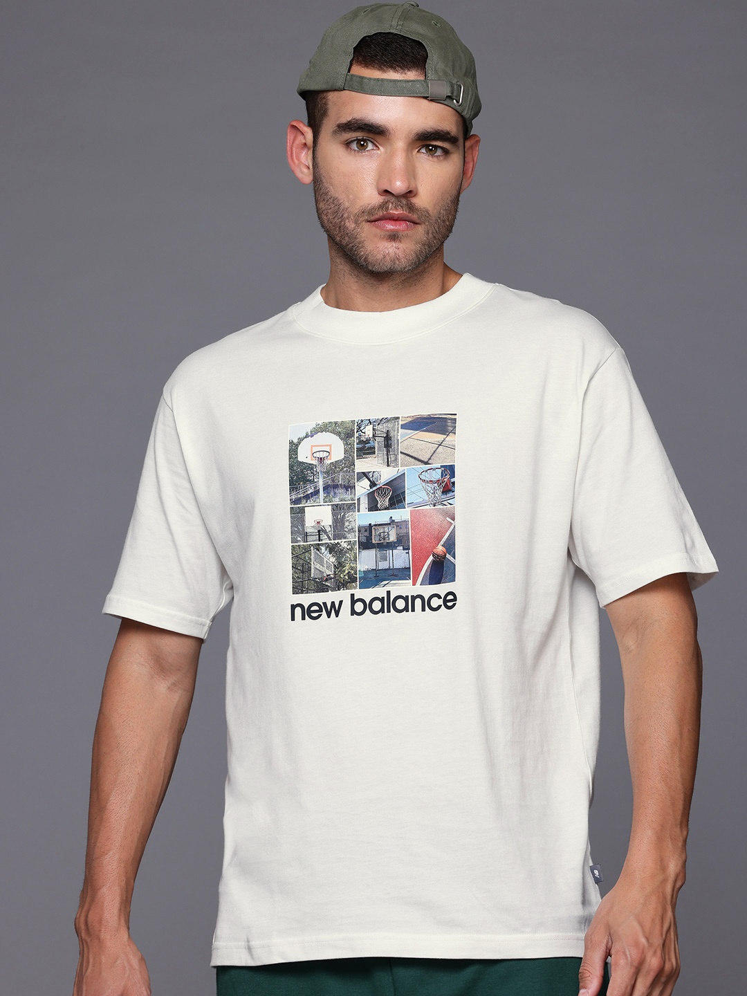 

New Balance Hoops Graphic Printed Drop-Shoulder Sleeves Pure Cotton T-shirt, White
