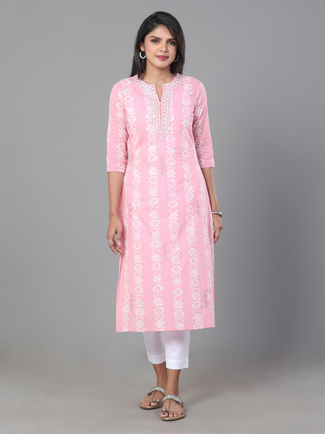 

Vismay Floral Printed Notch Neck Mirror Work Pure Cotton Straight Kurta, Pink