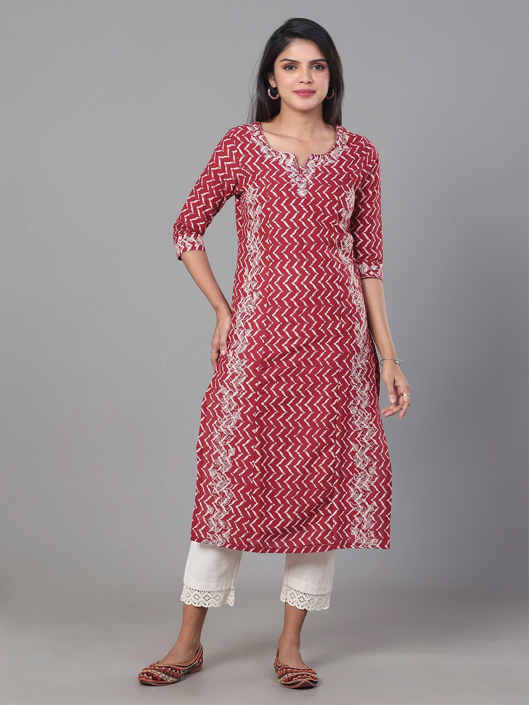 

Vismay Women Printed Pure Cotton Straight Kurta With Thread Work, Maroon