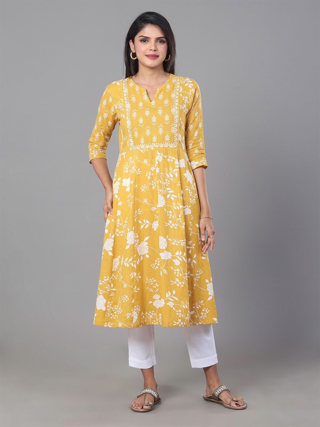 

Vismay Printed Pure Cotton A-Line Kurta, Yellow