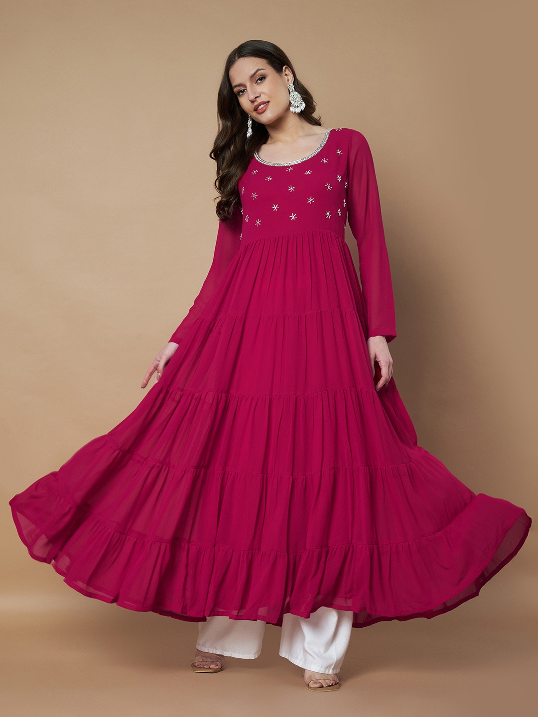 

Poshak Hub Ethnic Motifs Embroidered Beads And Stones Georgette Tiered Anarkali Kurta, Pink