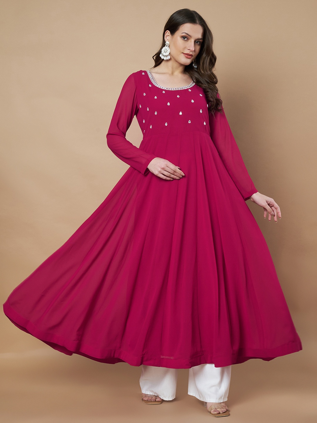 

Poshak Hub Ethnic Motifs Embroidered Beads And Stones Georgette Tiered Anarkali Kurta, Pink