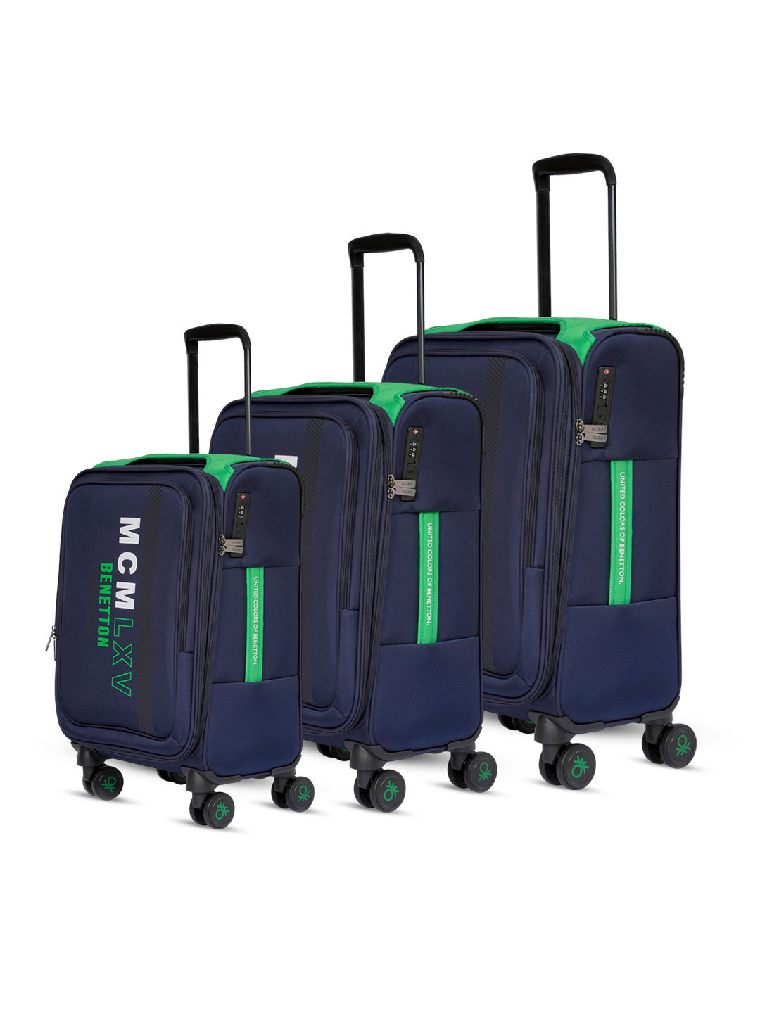 

United Colors of Benetton Set Of 3 Topaz Plus Printed Soft-Sided Large Trolley Bags, Navy blue