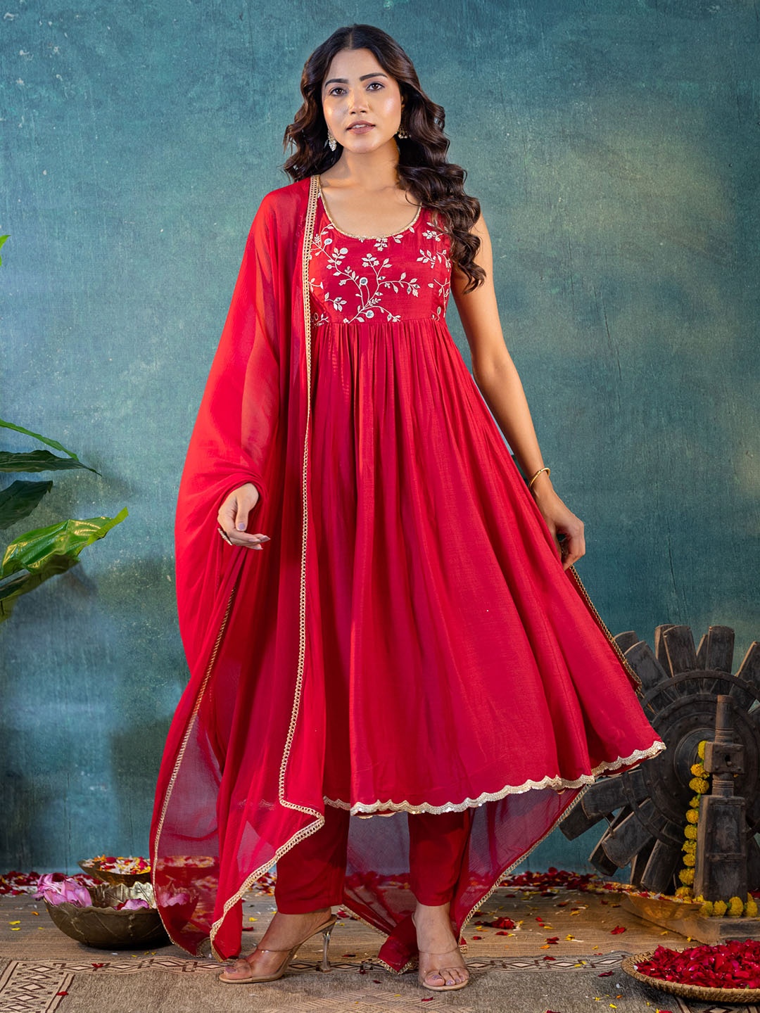 

KASYA Floral Embroidered Mirror Work Anarkali Kurta With Trousers & Dupatta, Red